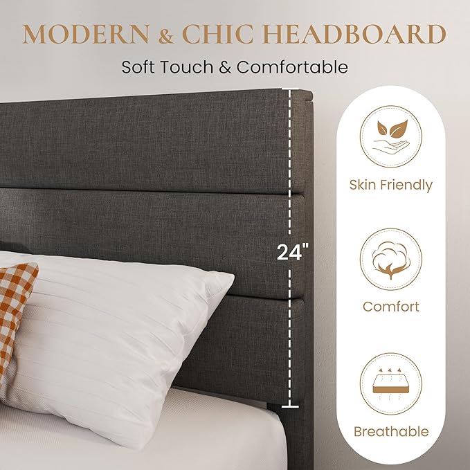 SHA CERLIN Twin Platform Bed Frame with Upholstered Fabric Headboard, Mattress Foundation with Strong Wooden Slats Support, No Box Spring Needed, Grey