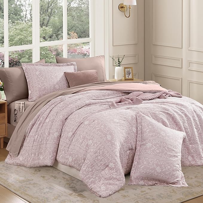 Full Comforter Set -7 Pieces Floral Pink Comforter Set for All Seasons, Bed in a Bag Full with Botanical Flowers Comforter, Sheets, Pillowcases & Shams