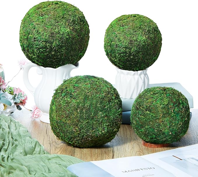 4 Pcs Large Green Moss Balls Artificial Moss Balls Spring Vase Bowl Fillers Hanging for Spring Home Wedding Garden Farmhouse Autumn Table Centerpieces Indoor Outdoor Decor (7.9'',5.9'')