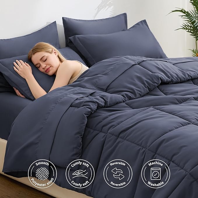 Love's cabin Queen Comforter Set Indigo Blue, 7 Pieces Queen Bed in a Bag, All Season Bedding Sets with 1 Comforter, 1 Flat Sheet, 1 Fitted Sheet, 2 Pillowcase and 2 Pillow Sham