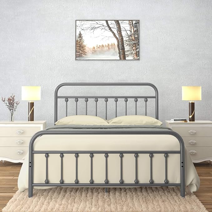 Golden Gate Beds Victorian Vintage Style Metal Bed Frame with Wrought Iron Headboard and Footboard, Classic Platform Bedframe Storage, No Box Spring Needed, Mattress Foundation, Silver, Queen Size