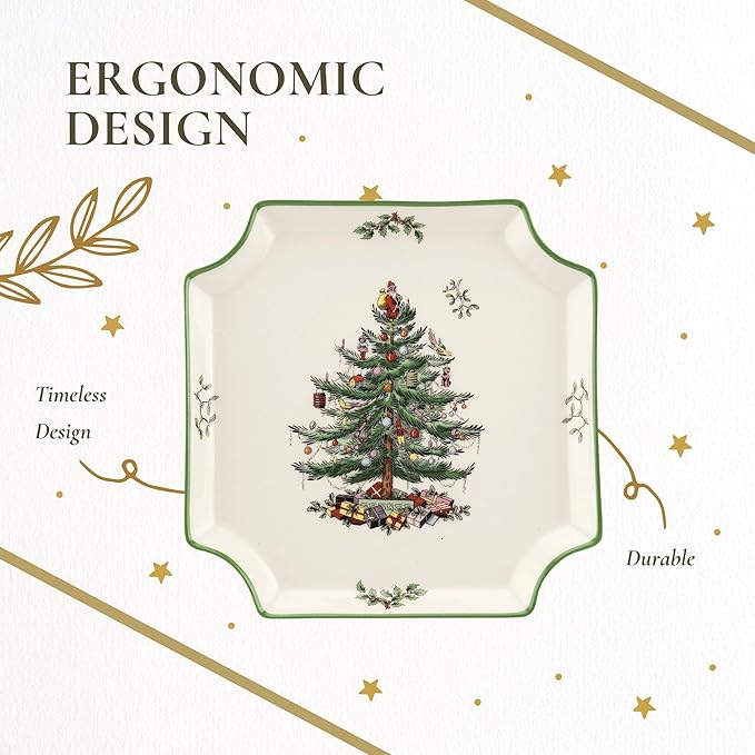 Spode Christmas Tree Canape Plate - 8" Holiday Serving Dish for Appetizers, Desserts, Treats - Fine Porcelain with Red Border, Dishwasher Safe - Ideal Christmas Tableware