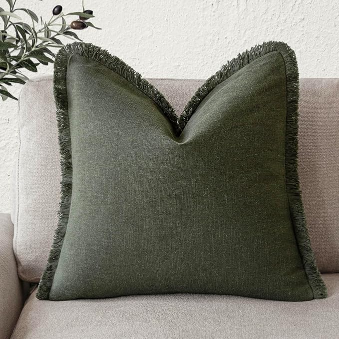 Foindtower Decorative Linen Fringe Throw Pillow Covers Cozy Boho Farmhouse Cushion Cover with Tassels Soft Accent Pillowcase for Chair Sofa Bed Living Room Home Decor, 26×26 Inch, 1PC,Dark Olive Green
