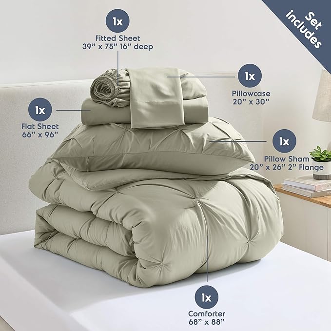 Nestl Twin Comforter Set 5 Piece, Pintuck Twin Bedding Set Light Sage, College Dorm Room Essentials for Girls and Boys Bed in a Bag Twin All Season, Twin Comforter Set with Sheets, Pillowcase and Sham