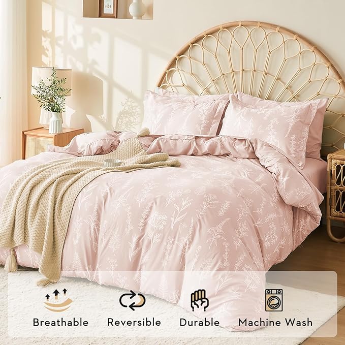 MUXHOMO Cameo Pink Full Comforter Set, Elegant Floral Print Bed in a Bag 7 Pieces, Ultra Soft & Breathable Reversible Botanical Pattern Bedding Set with Comforter, Sheets, Pillowcases, and Shams