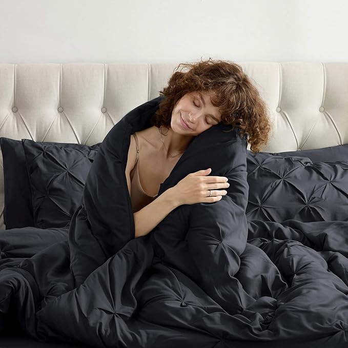 Nestl 7 Piece King Comforter Set - Pinch Pleated Black, All Season King Bed Set with Flat & Fitted Sheets, Pillowcases and Shams