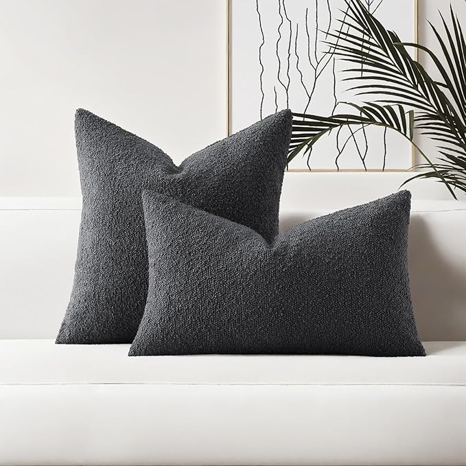 HAUSSY Set of 2 22x22 Decorative Throw Pillow Covers, Soft Cozy Textured Boucle Couch Cases, Home Decor for Couch Bed Living Room, Dark Grey