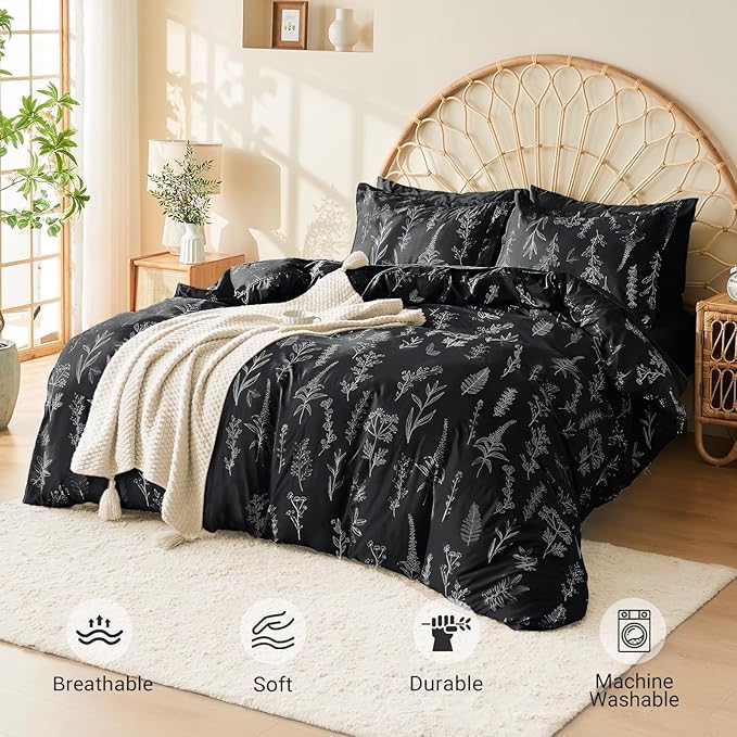 MUXHOMO Black California King Comforter Set, Elegant Floral Print Bed in a Bag 7 Pieces, Ultra Soft & Breathable Reversible Botanical Pattern Bedding Set with Comforter, Sheets, Pillowcases, and Shams