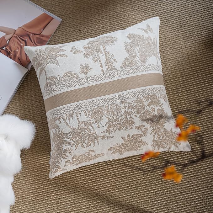 Premium Throw Pillow Covers 18x18 Inches - Jungle with Oatmeal Palm Tree Chenille Jacquard Embroidery Decorative Couch Pillow Covers for Living Room Bedroom Sofa Home Décor