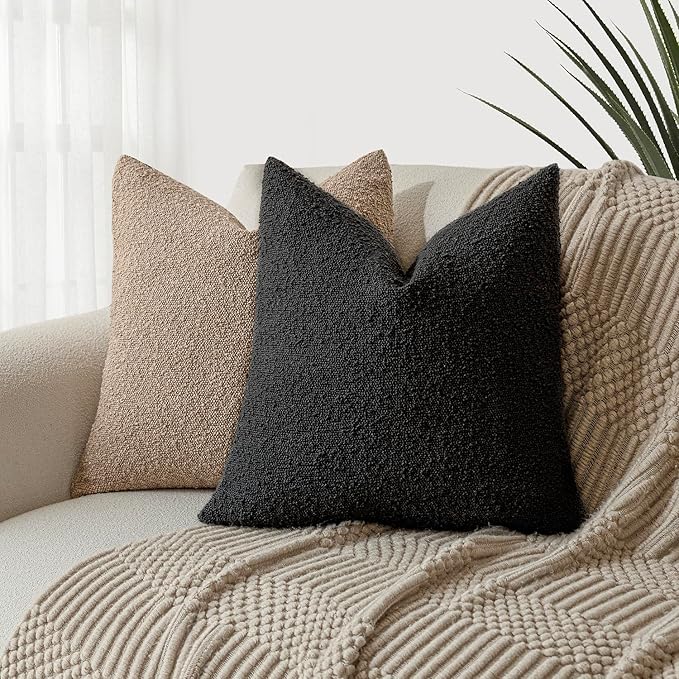 Foindtower Decorative Textured Boucle Throw Pillow Covers Accent Solid Pillow Cases Neutral Soft Cozy Couch Cushion Case for Chair Sofa Bedroom Living Room Home Decor 22 x 22 Inch,Black