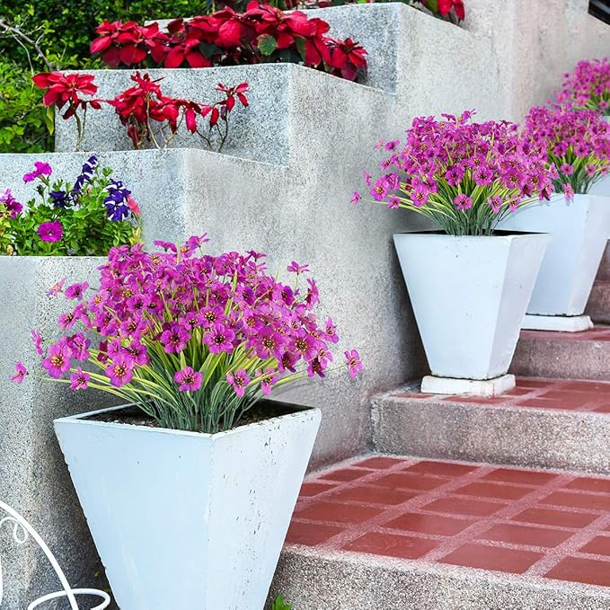 12 Bundles Artificial Flowers Outdoor UV Resistant Fake Flowers No Fade Plastic Plants Garden Porch Window Box Decorating (Purple)