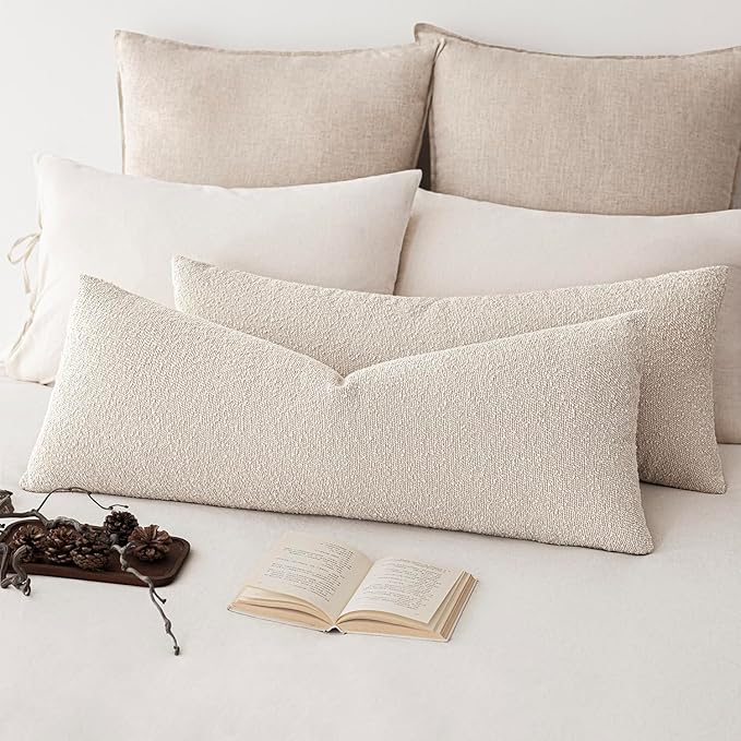Foindtower Decorative Textured Boucle Throw Pillow Covers Accent Solid Pillow Cases Neutral Long Body Lumbar Couch Cushion Case for Chair Sofa Bedroom Living Room Home Decor 14x36 Inch,1PC,Light Beige
