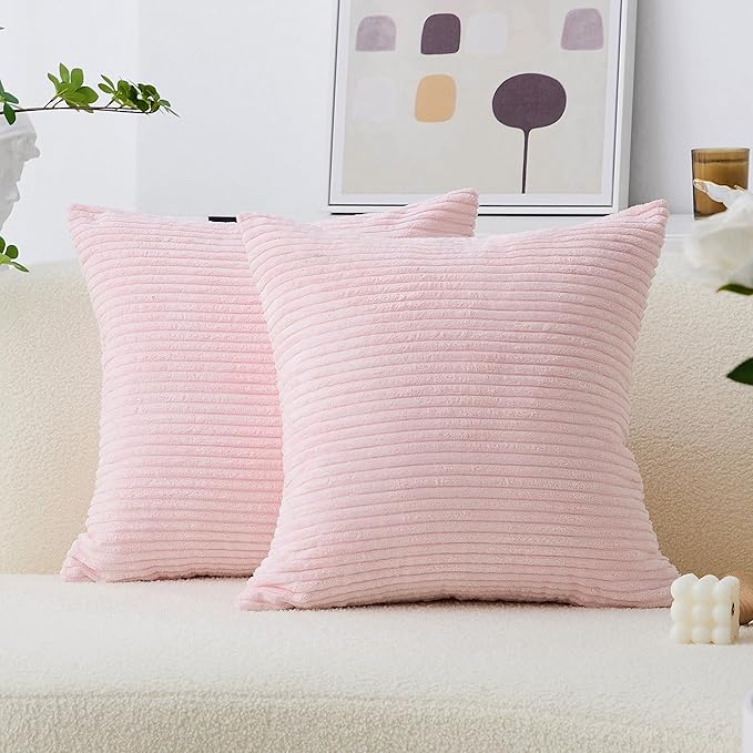 Home Brilliant Coral Throw Pillow 24x24 Pillow Covers for Room Large Euro Sham Super Soft Striped Velvet Couch Throw Pillow Cover for Wedding, 24 x 24 (60cm), Blush Pink