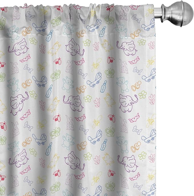 Ambesonne Cartoon Curtains, Drawing Style Elephants Teddy Bears Flowers Butterflies Bees Pattern, Window Treatments 2 Panel Set for Living Room Bedroom, Pair of - 28" x 84", Blue White