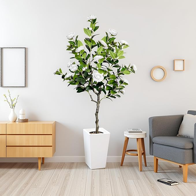 5Ft Artificial Camellia Tree in White Pot, White Faux Plant Indoor Outdoor (61"), Tall Flower Plant for Porch & Living Room Office Decor