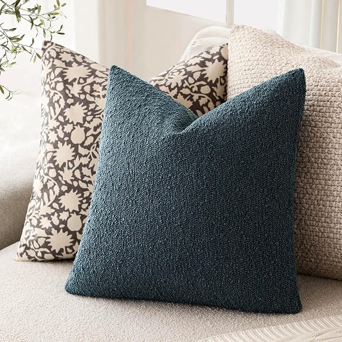 Foindtower Decorative Textured Boucle Throw Pillow Covers Accent Solid Pillow Cases Neutral Soft Cozy Couch Cushion Case for Chair Sofa Bedroom Living Room Home Decor 26x26 Inch,1PC,Dark Blue