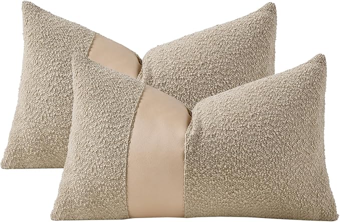 Pack of 2 Faux Leather Boucle Throw Pillow Covers 20"x12" Neutral Beige Chic Accents Textured Rectangular Lumbar Decorative Pillow Cases for Living Room Couch Bed Farmhouse Boho Home Decor