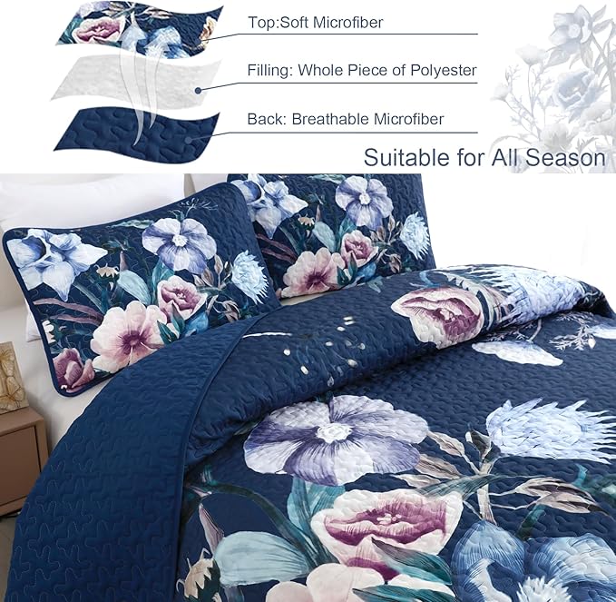 Drucon Blue Floral Quilt Set King Size 3 Pieces Blue Botanical Flower Quilt Coverlet Set Soft Microfiber Lightweight Quilted Bedspread for All Season 104"x90"