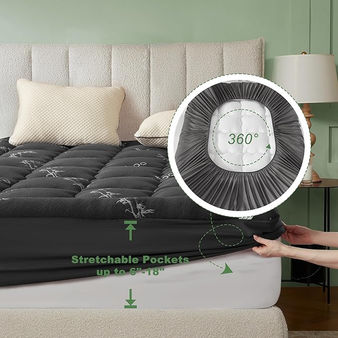 BEDLORE King Mattress Topper Viscose Derived from Bamboo, Thick Pillow Top Mattress Pad with Stretchable Pockets for 6"-18" Mattress, Soft Breathable Mattress Topper for Back Pain Relief(Dark Gray)