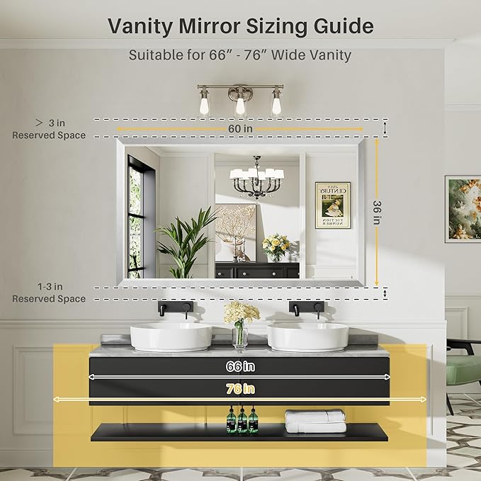 60x36 Inch Brushed Nickel Bathroom Mirror for Wall, Thick Metal Framed Rectangle Mirrors for Over Sink, Bedroom, Living Room, Entryway, Anti-Rust, HD Tempered Glass