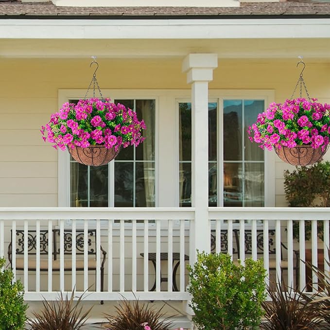 Artificial Fake Hanging Flowers Plants Baskets for Outdoor Spring Summer Decoration, Faux Silk Morning Glory in Planter UV Resistant Realistic for Home Outside Porch Patio Balcony Garden Yard, Fuchsia