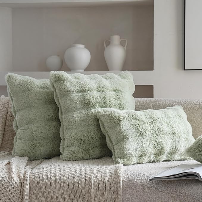 Neelvin Green Faux Fur Cozy Soft Double-Sided Decorative Throw Pillow Covers 22x22 inch Set of 2,Velvet Pillowcase Cushion Case for Sofa Couch