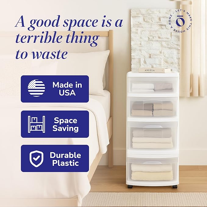 HOMZ 2-Pack Drawer Tower, 4-Tier Clear Plastic Storage Organizer Cart, White Frame - Organizing Containers with Wheels for Home, Bathroom, Bedroom, Office, and Classroom
