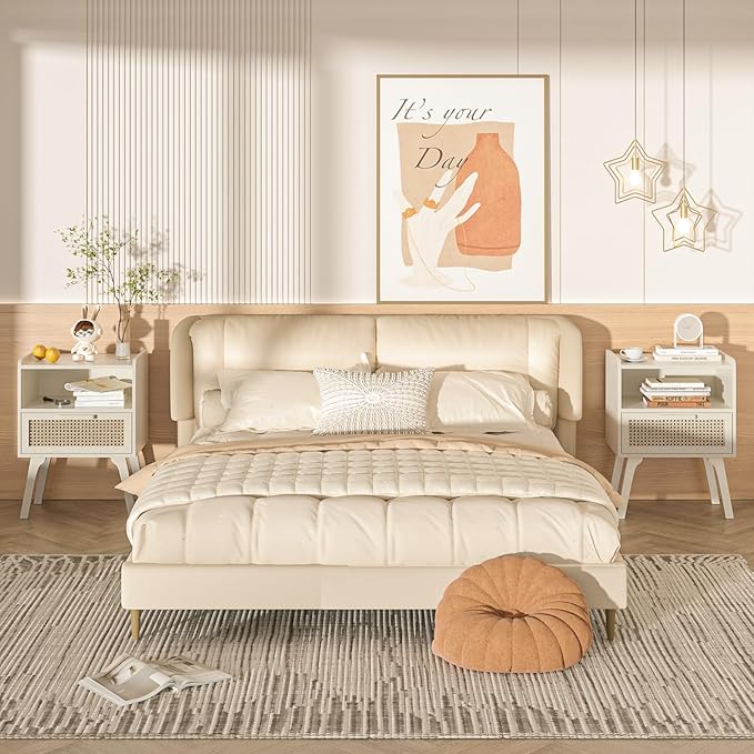 Lerliuo Rattan Nightstand, Side Table with Drawer Open Shelf, Cane Accent Bedside End Table with Solid Wood Legs, Mid Century Modern Night Stand for Bedroom, Dorm and Small Spaces (Grey White)
