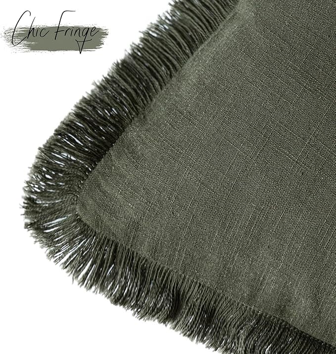 Foindtower Decorative Linen Fringe Throw Pillow Covers Cozy Boho Farmhouse Cushion Cover with Tassels Soft Accent Pillowcase for Chair Sofa Bed Living Room Home Decor, 16×16 Inch, 1PC,Dark Olive Green