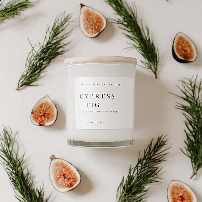 Sweet Water Decor Cypress and Fig Soy Candle | Tropical fruits, Wild Raspberry, Ripe Fig and Eucalyptus Holiday Scented Candles for Home | 11oz White Jar + Wood Lid, 50+ Hour Burn Time Made in the USA