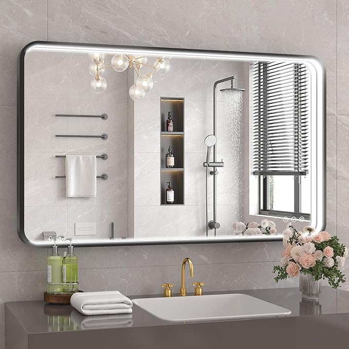 40x24 Inch LED Bathroom Mirror with Lights, Black Metal Framed LED Mirror for Bathroom, 3 Colors and Stepless Dimmable Wall Mounted Lighted Bathroom Vanity Mirror, Anti-Fog, Memory