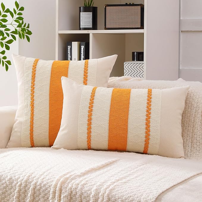 Boho Throw Pillow Covers Set of 2 Linen Farmhouse Pillow Covers 18x18,Rustic Decorative Throw Pillow Cover for Couch,Bed,Living Room (Tangerine Yellow, 18" x 18")