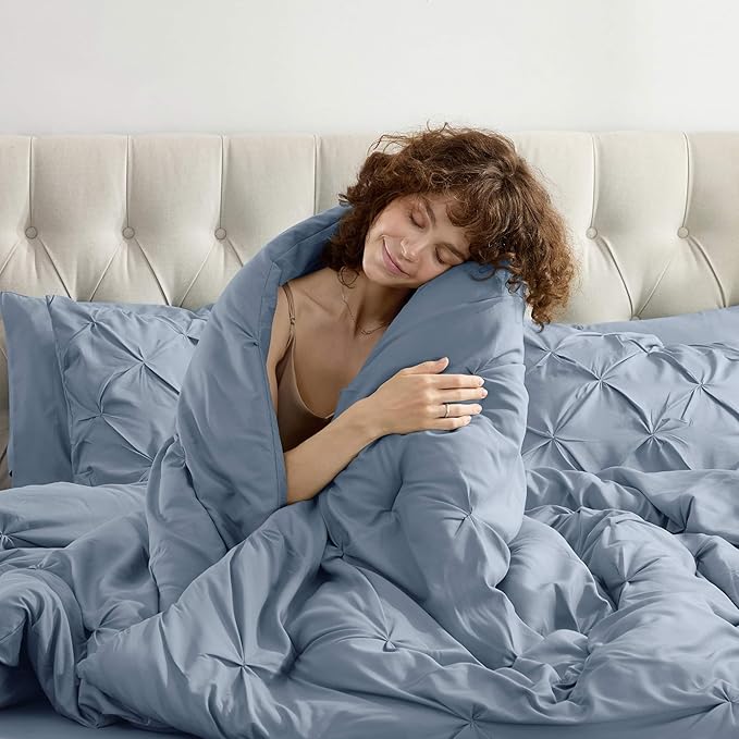 Nestl California King Comforter Set 7 Piece - Pintuck Cal King Comforter Set Stone Blue, California King Bed in a Bag, All Season Bed Set with Flat Sheet and Fitted Sheet, Pillowcases and Shams