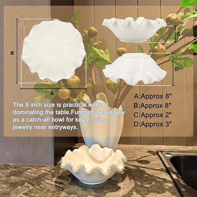 Small White Lotus Ceramic Decorative Bowl,Ruffle Lotus Leaf Decor Bowl with Gold Trim for Coffee Table Counter,Beautifully Catch All Bowl for Keys Coins near Entryways,Capacity about 2 Cups
