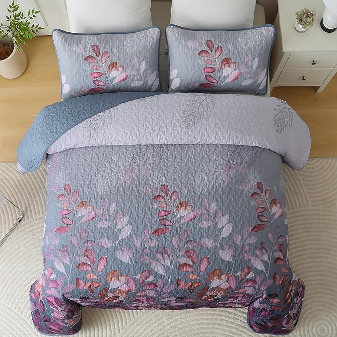 WONGS BEDDING 3 Pieces Quilt Set Queen Size, Blue-Purple Floral Bedspread Coverlet Set, Soft Microfiber Lightweight Floral Bedding Set King 104"×90"