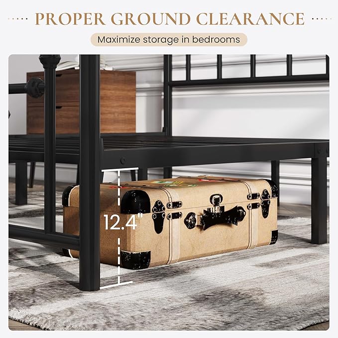 SHA CERLIN 14'' Queen Size Metal Platform Bed Frame/Victorian Headboard and Footboard/Steel Slats Mattress Foundation for Storage/No Box Spring Needed/Noise Free/Black