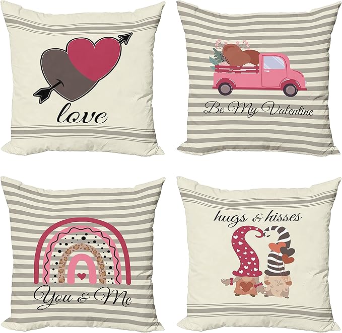 Ambesonne Romantic Throw Pillow Cushion Case Pack of 4, Love Hearts Arrow You and Me Be My Valentine Hugs Kisses Lettering Print, Modern Accent Double-Sided Digital Printing, 24", Ivory Taupe and Pink