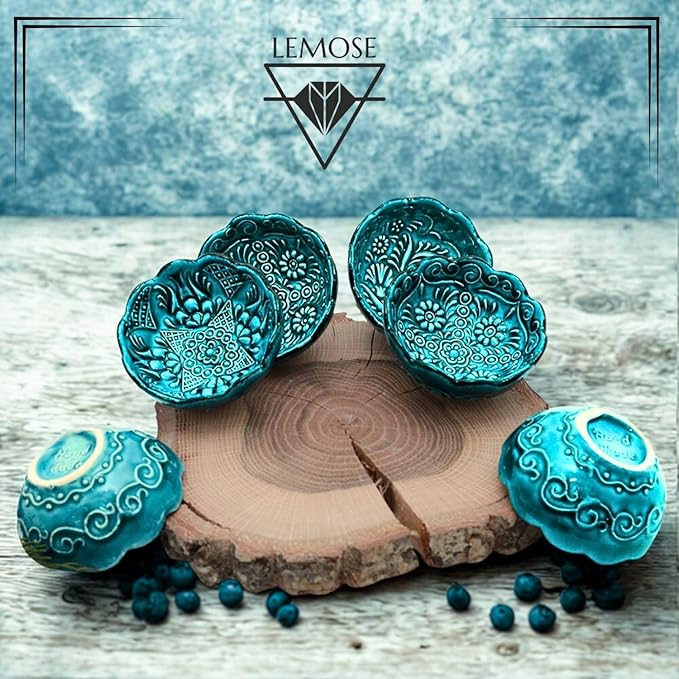 Handmade Decorative Turkish Ceramic Bowl Set of 6, Green Pinch Bowls for Dipping & Serving - Small Versatile and Unique Charcuterie Accessories, Mini Sauce Dish, Floral Pattern Snack Bowls
