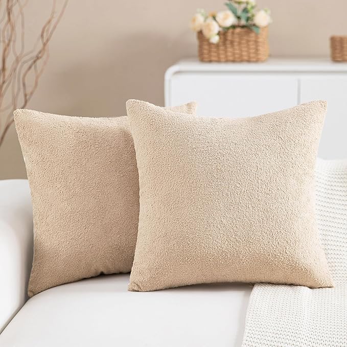 2 Packs Decorative Neutral Camel Textured Chenille Throw Pillow Covers 20x20 Inch Solid Farmhouse Boucle Couch Pillows, Modern Soft Velvet Pillowcase Cushion Covers for Living Room Home Decor