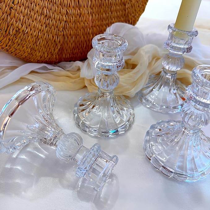 Glass Candlestick Holder,Striped Taper Candle Holders,Set of 6 Candle Stand for Table Centerpieces, Home Decor,Weddings,Festival and Parties (Clear Stripe Pattern)