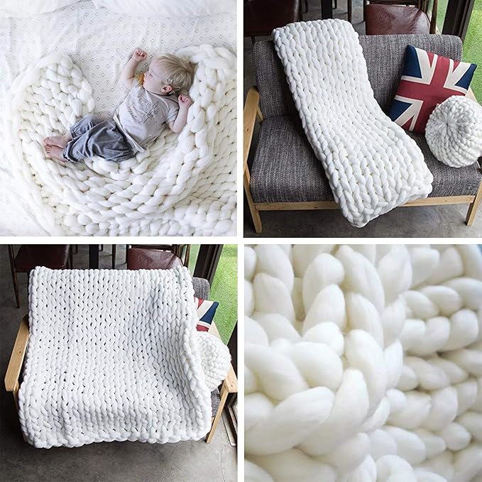 Chunky Knit Blanket Hand Made Merino Wool Throw Boho Bedroom Sofa Home Decor Giant Yarn(White 47"x60")