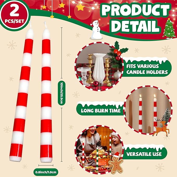 2 Pack Christmas Taper Candles, 10 Inch Unscented Candlesticks with Red Stripe Design for Holiday Table Centerpiece, Fireplace Mantel, Winter Weddings, Advent Wreaths, Seasonal Home Decor