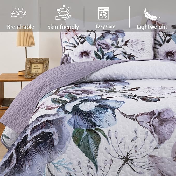 Drucon Purple Floral Quilt Set King Size 3 Pieces Purple Botanical Flower Quilt Coverlet Set Soft Microfiber Lightweight Quilted Bedspread for All Season 104"x90"