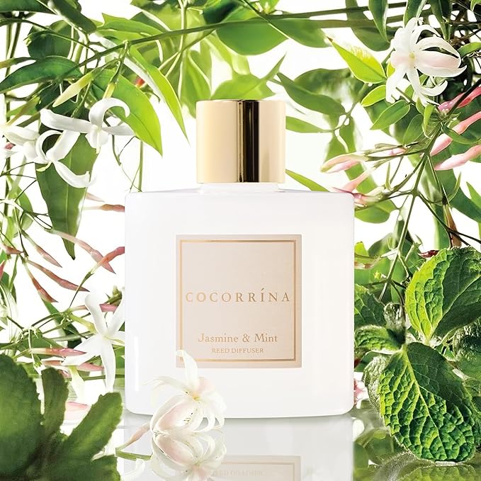 COCORRÍNA Reed Diffuser - Jasmine & Mint 6.7 Fl.oz Reed Diffuser Set with Sticks & Preserved Baby's Breath, Reed Diffuser for Home Bathroom Shelf Decor