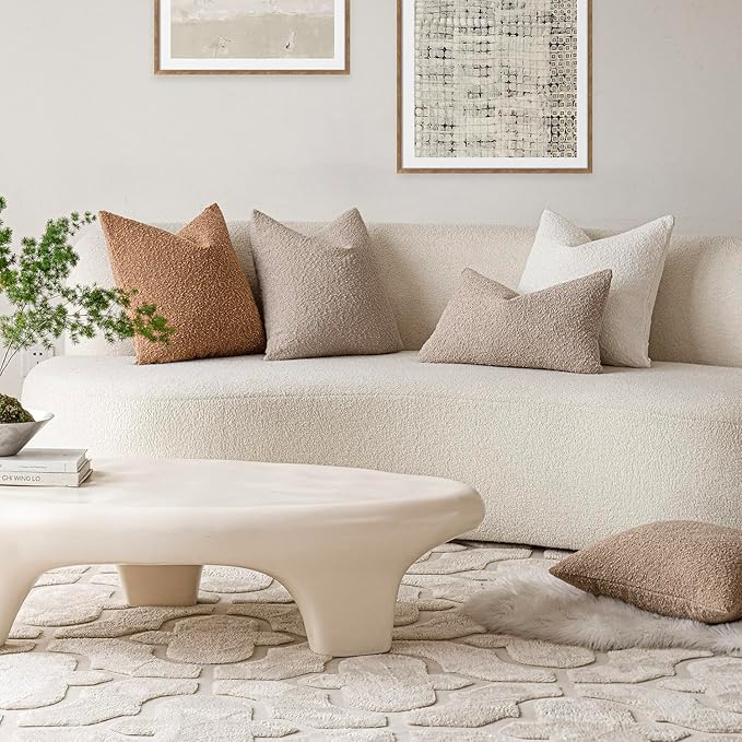 Foindtower Decorative Textured Boucle Throw Pillow Covers Accent Solid Pillow Cases Neutral Soft Cozy Couch Cushion Case for Chair Sofa Bedroom Living Room Home Decor 24 x 24 Inch,Beige Oatmeal