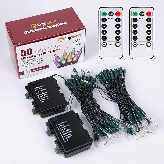 Battery Operated Christmas Lights 2 Pack 18 Feet 50 LED Clear Mini String Lights with 8 Modes Waterproof Tree Lights for Xmas Outdoor Indoor Holiday Party Garden Decor, Warm White + Multicolor