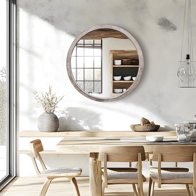 30" Round Wood Mirror, Large Round Mirror with Beveled, Wood Round Mirrors for Wall Decor, Rustic Circle Wall Mirrors for Entryway, Living Room, White Washed Frame