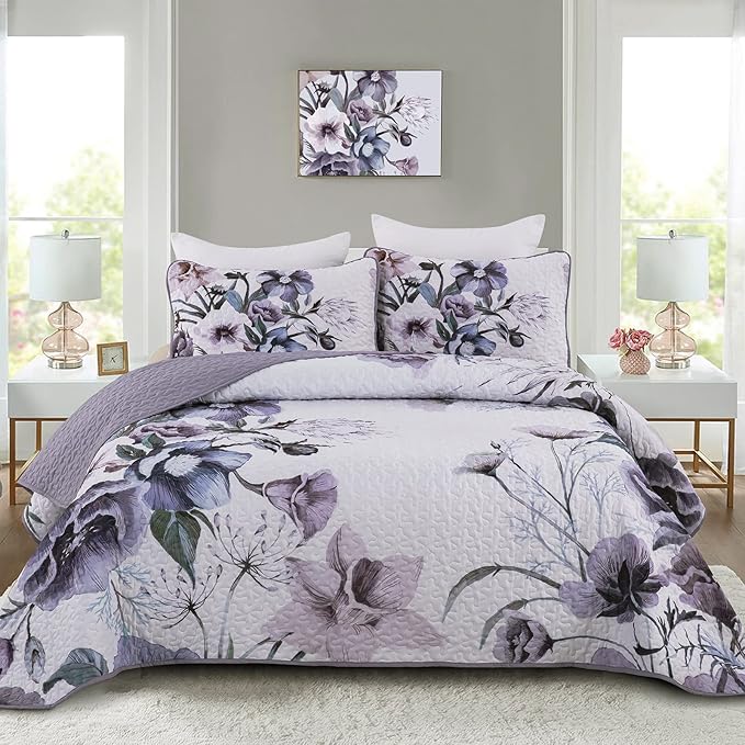 3 Pieces Floral Quilt Set Full Purple Flower Pattern Quilt Coverlet Set Soft Microfiber Lightweight Boho Purple Floral Quilted Bedspread for All Season 80"x90"