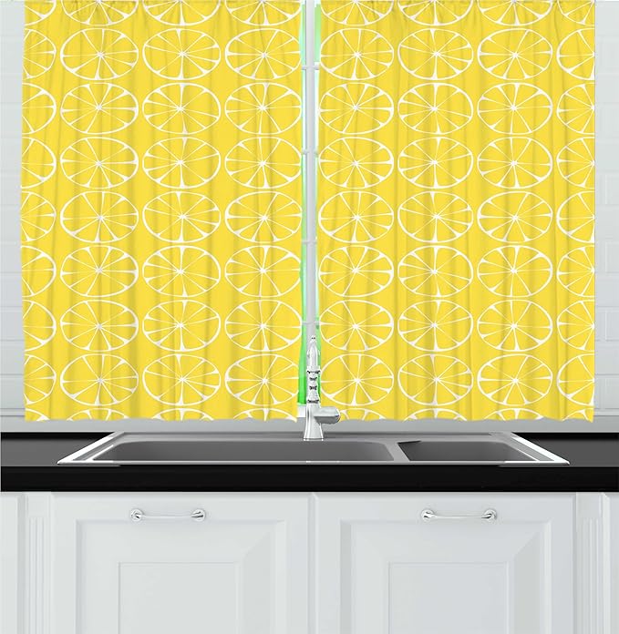 Lunarable Lemon Kitchen Curtains, Summer Inspired Pattern with Round Citrus Slices Vitamin Sour Fruit, Window Drapes 2 Panel Set for Kitchen Cafe Decor, 55" x 24", Pastel Yellow and White