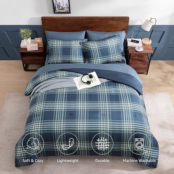 Plaid Queen Comforter Set, Midnight Blue Bedding Set 7 Pieces for Boys Girls Teen, Classic Farmhouse Bed in a Bag with Sheets, Pillowcases & Shams
